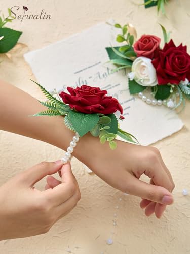 Serwalin 6 PCS Burgundy Wrist Corsage for Wedding, Roses Wrist Corsage for Prom Homecoming Party Corsage Hand Decor for Bride Bridesmaids, Mother of Bride and Groom - color: Red, size: Corsage 6pcs