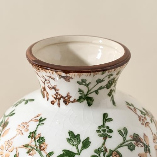 6.73" Ceramic Flower Decorative Antique Vase, Vintage Rustic Chinoiserie Floral Vase for Home Decor, Living Room, Bookshelf, Office, Entryway, Garden, Tuscan Decor, Chinoiserie Decor - color: Green and Beige- 6.73"