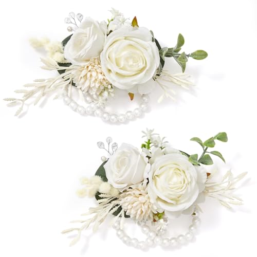 Serwalin 2 PCS White Wrist Corsage for Wedding, Corsages Wristlet for Bridesmaid Mother Grandmother Girl, Artificial Flowers for Prom Ceremony Homecoming Anniversary - color: A White, size: Corsage 2pcs