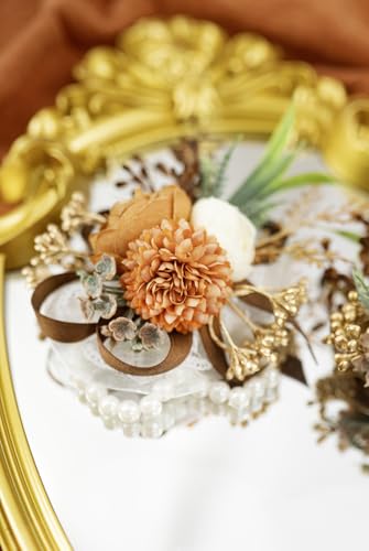Ansofi Rustic Terracotta Corsage and Boutonniere Set Artificial Rose Flower Wrist Corsage and Boutineers for Groom Groomsmen Bride Bridesmaids Prom Rustic Vintage Wedding Decor - color: Rustic Terracotta