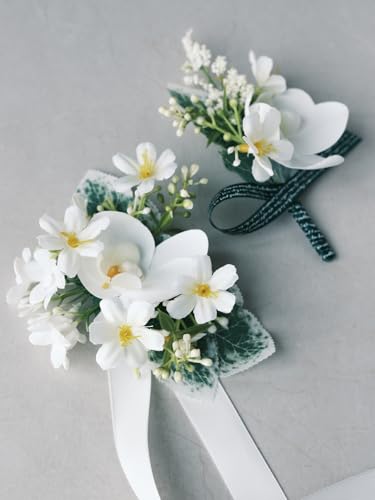 White Rose Wrist Corsage and Boutonniere Set with Ribbon Ties Wedding Prom Formal Accessories (White Style 2) - color: White Style 2