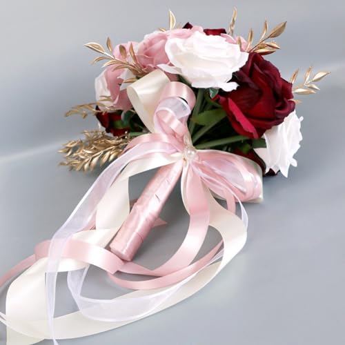 9.8 Inch Cascading Bridal Bouquet Waterfall Cascade Bridal Wedding Bouquet for Bride with Artificial Rose Flower Ribbon Rustic Burgundy and Blush Pink - color: Burgundy & Blush Pink