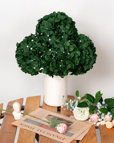 DuHouse 8.7" Silk Hydrangea Flower Heads with Stems Fake Hydrangeas Flowers for DIY Wedding Centerpiece Home Decor,Pack of 6(Dark Green) - color: Dark Green