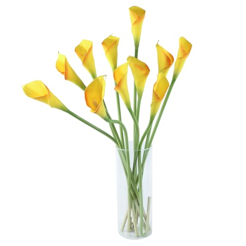 DuHouse 12pcs Calla Lily Artificial Flowers,26" Long Stem Large Calla Lily Flowers,Real Touch Calla Lilies for Party Wedding Bridal Bouquet Home Decor Centerpiece(Yellow-Orange Edge) - color: Yellow-orange Edge