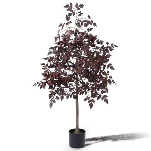 4ft Fall Plum Cimicifuga Stems Seeded Tree Artificial Thanksgiving Ficus Leaf Tree Plant Decor Autumn Halloween Faux Decor for Party Porch Fireplace Front Door Outdoor Indoor Decoration - color: Plum Color