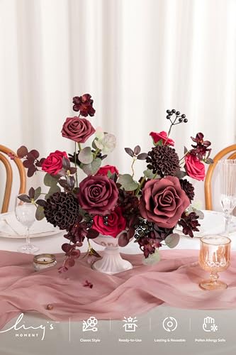 Ling's moment Artificial Wedding Flowers Combo, Fake Greenery for DIY Bouquets Centerpieces Decorations Foam Rose Hydrangea Kit with Stems for Party Home Decor, Burgundy & Black Baccara, Deluxe Combo - color: Burgundy & Black Baccara, size: Deluxe