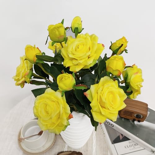 ATFL Fake Flowers, Yellow Rose,6 Pcs Faux Silk Real Touch Moisturizing Artificial Rose Flowers for Decoration,Flores Irosas Artificiales para Decoracion (6, Yellow) - color: Yellow