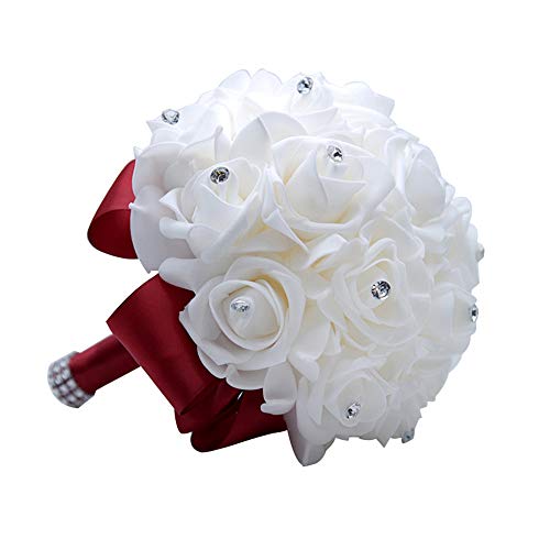 MOJUN Wedding Bouquets Crystal PE Roses Bridal Bridesmaid Wedding Hand Holding Bouquet Artificial Fake Flowers Toss Bouquet, Burgundy - color: Burgundy