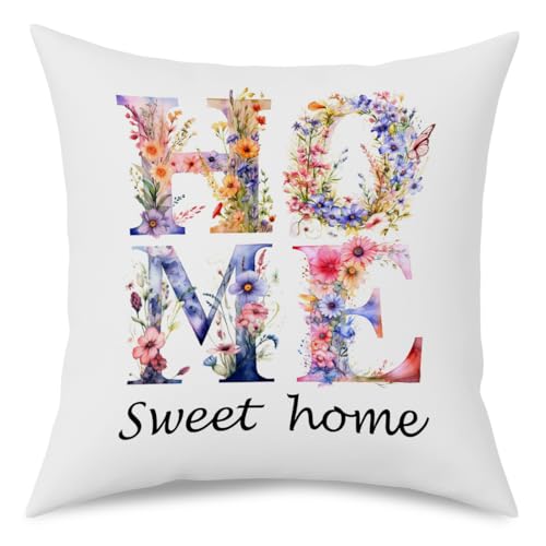 Fokongna Sweet Home Floral Pillowcase, Colorful Butterfly Floral 18 x 18 Inches Covers Cottagecore Wildflower Botanical Butterfly Moth Decorative Lumbar Pillow Covers, for Home Sofa Couch Patio - color: Sweet Home