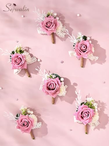 Serwalin 6 Pcs Pink Boutonniere for Men, Groom Groomsmen Best Man Guest Boutonnieres，Artificial Flowers Silk Rose for Wedding Prom Ceremony Anniversary Party Homecoming - color: Pink, size: Boutonniere 6pcs