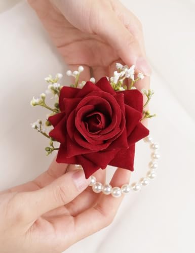 Alizeal 2Pcs of Wrist Corsage and Boutonniere Set, Artificial Flowers Accessories Suit Decor for Wedding Prom Party Homecoming Ceremony, Wine Red - color: 701-wine Red