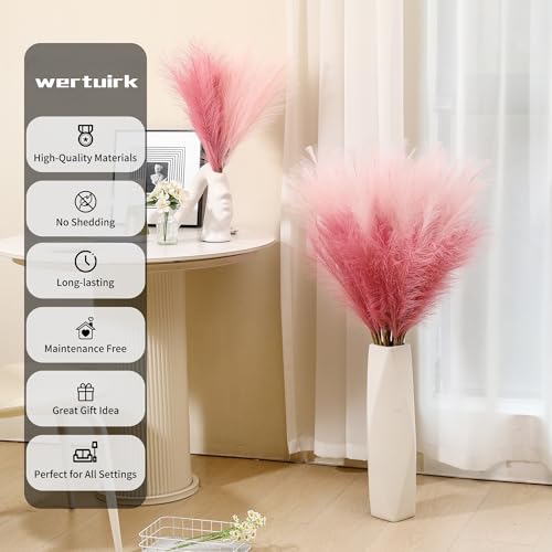 Wertuirk 9 Stems Pink Pampas Grass - 38 Inch Large Fluffy Faux Pompous Grass Decor, Long Artificial Colored Pompas Floral for Vase Filler, Wedding Centerpieces and Home Decor (Pink) - color: Pink