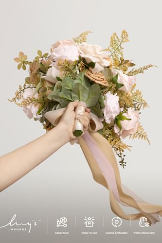 Ling's moment Pink Wedding Bouquets for Bride, Powder Pink & Sand Beige Bridal Bouquets for Bride, 13 Inch Free Form Artificial Wedding Flower Bouquet for Rustic Wedding Ceremony Anniversary - color: Pk- Powder Pink & Sand Beige, size: Small 13 Inch