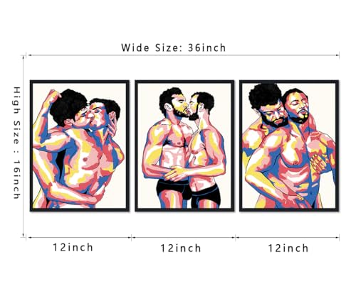 Gay Man Triptych Canvas Wall Art Male Couple Kiss Hug Posters Abstract Love LGBTQ Adult Men Prints Artwork Wall Decor for Apartment Bedroom Bathroom Hotel Bar Framed Ready to Hand 12x16inchx3pcs - color: Art08, size: 12x16x3Pcs Black Framed