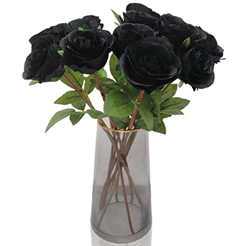 Hananona Black Artificial Roses for Flower Arrangement, 12 Pcs Silk Black Roses Bouquet for Halloween Home Decoration, Faux Black Roses for Halloween and Gothic Decoration - color: Black