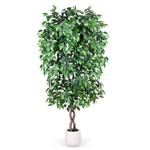 Jocoevol 7FT Artificial Ficus Tree, Tall Faux Trees Indoor with White Planter, Dried Moss, Natural Silk Leaves & Trunk, Fake Plants for Home Living Room Office Corner Decor Housewarming Gift - color: Green, size: 7ft