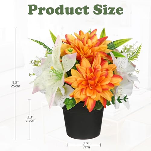 GnFlus Orange Artificial Flowers Small Fake Flowers in Vase Peonies Dahlia Tiger Lily Potted Silk Flower Arrangements Faux Plants & Flowers Home Bathroom Kitchen Table Centerpieces Desk Decor - color: Orange