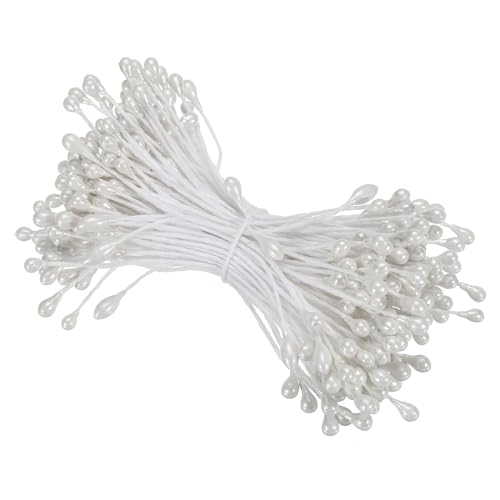 PATIKIL 3mm Double Heads Flower Stamen, 150 Pcs Artificial Flower Stamen Pistil Matt Pearl Floral Stamen for DIY Christmas Card Wedding Decoration, White - color: White