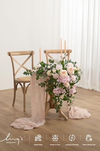 Ling's moment 2PCS Pink Artificial Floral Swags Wedding Arch Flower Garland Cream Rose Flowers Greenery for Table Backdrop Easel Wall Entryway Outdoor Board Decor - color: Pk-cream