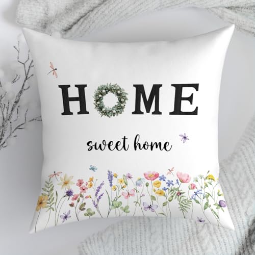 Fokongna Sweet Home Colorful Butterfly Floral Pillowcase 18 x 18 Inches Covers Cottagecore Wildflower Botanical Butterfly Moth Decorative Lumbar Pillow Covers for Home Bedroom Sofa Couch - color: Floral Pillow