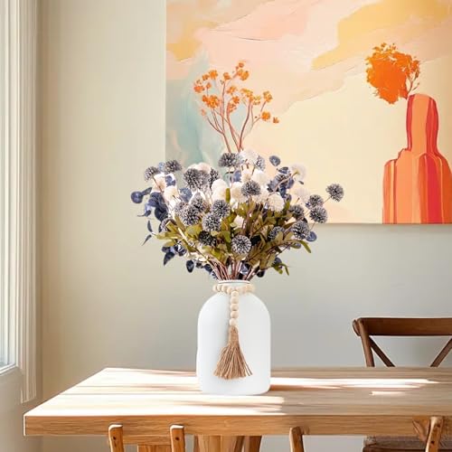 20''H Fake Flowers in Large Vase for Centerpiece Table Decorations with 10Pcs Fake Mums Flowers Eucalyptus Stems Faux Pompon Kiku Flowers Arrangement for Home Decor (Blue/White Vase) - color: Blue/White Vase