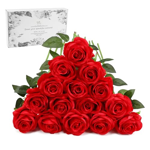 Red Fake Roses Artificial Flowers - 16 Pcs Fake Artificial Roses Silk Flowers with Stems for Home Wedding Hotel Office Centerpiece Decor - color: Red, size: 16 Pcs