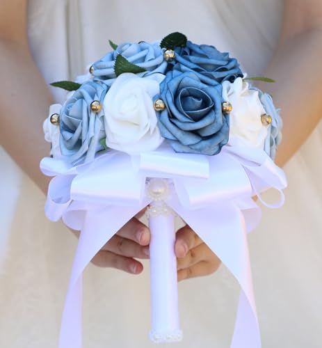 Handmade Wedding Bouquet Artificial PE Rose Bridal Bridesmaid Bouquet with Soft Ribbons Wedding Hand Holding Bouquet Artificial Fake Flowers Toss Bouquet(B-Light Blue & Blue & White, 6.7"/17cm) - color: B-light Blue & Blue & White, size: 6.7"/17cm