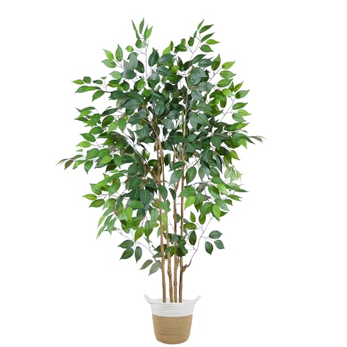 Warmplants Artificial Ficus Tree, 5ft Tall Silk Fake Ficus Leaves Plant with Basket, Indoor Outdoor Faux Greenery Tree for Home Garden Office House Livingroom Décor - color: Ficus, size: 5ft