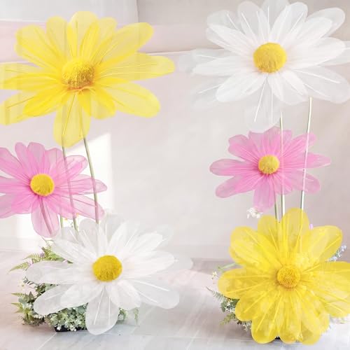 6 Pcs Colorful Large Daisy Flowers for Decoration 12'' 15.8'' 20'' Giant Silk Artificial Flower Fake Daisy for Wedding Garden Birthday Party Bridal Baby Shower Decor, Rod is Not Included - color: White, Yellow, Pink