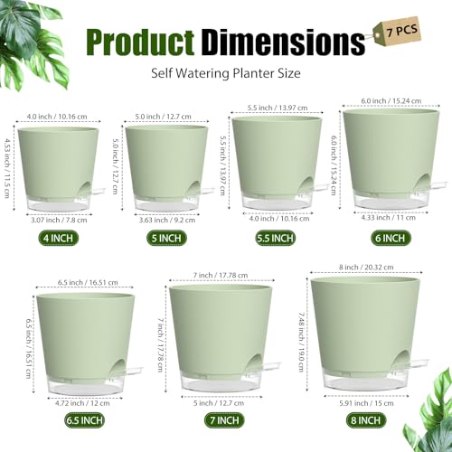 Plant Pots 4/5/5.5/6/6.5/7/8 Inch Self Watering Pots, 7 Pack Plastic Planters with Drainage Holes and Clear Saucers,Plastic Flower Pots,Nursery Planting Pot for Indoor Out Door Plants (Green) - color: Green, size: 4/5/5.5/6/6.5/7/8 inch