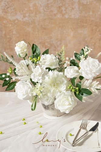 Ling's moment Fake Flowers Box, Artificial Faux Greenery Stems Silk Dahlias Foam Roses for Wedding Bouquets Centerpieces Decorations Backyard Floral Arrangement, White & Olive Green, Deluxe Combo - color: Wht-white & Olive Green, size: Deluxe