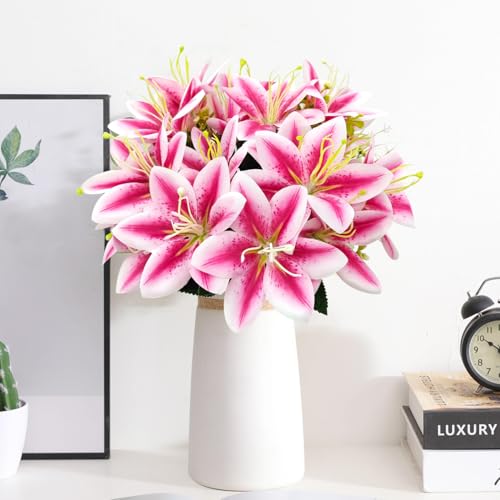 4 Bundles Artificial Tiger Lily Silk Flowers Faux Fake Lilies Plants for Wedding Bouquet Home Party Indoor Table Hotel Office Vases Floral Arrangements Outdoor Garden Decor (Rose Red) - color: Rose Red