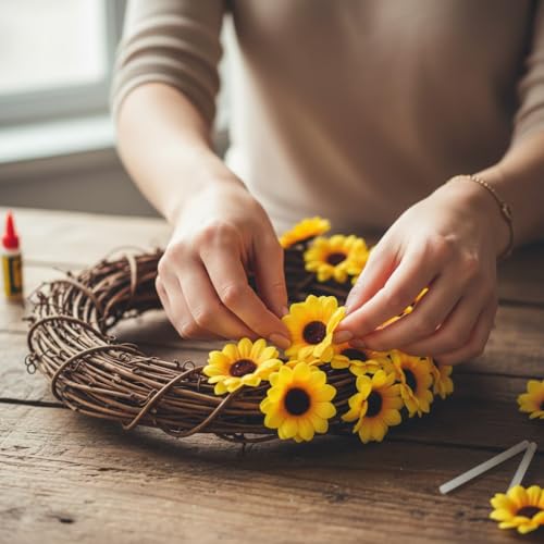 100Pcs Yellow Fashion Artificial Flower Heads Mini Fake Sunflower Decorative Fabric Flowers Craft Floral Embellishments for Wreaths Wedding Artificial Flowers