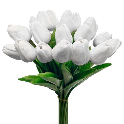 20 Pcs Tulips Artificial Flowers, 13.5'' Real Touch PU Fake Flowers Bouquet for Home Party, Spring Wedding Floral Arrangement, Valentine's, Easter and Mother's Day Decor (White) - color: White