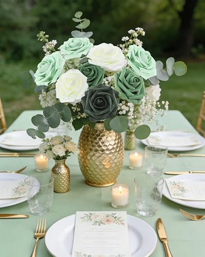 DuHouse 25Pcs Artificial Roses Flowers Fake Roses with Stems Real Touch Foam Flowers for DIY Wedding Bouquet Centerpiece Floral Arrangement Party Home Decor(Ivory Green) - color: Ivory Green, size: 25pcs