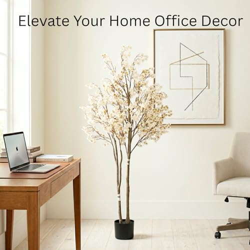 Artificial Cherry Blossom Tree with Lights 6ft Tall, White Faux Cherry Blossom Tree Indoor with LED String Lights, Japanese Sakura Tree for Living Room Office Home Decor - color: White Tree