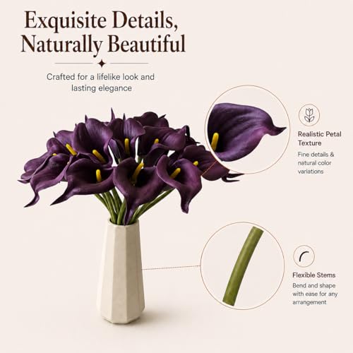 Mandy's 20pcs Grape Purple Calla Lily Artificial Flowers | 13.5 Inch PU Realistic Bouquet for Vase Elegant Home Decor Centerpiece Wedding Bridal Bouquet Table Decoration - color: Grape Purple