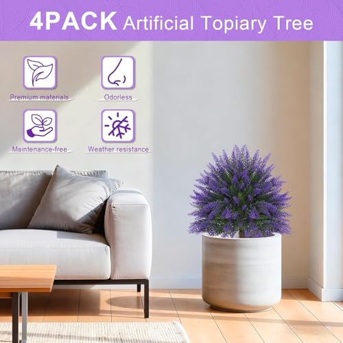Artificial Lavender Topiary for Outdoors 4 Set of 16'' UV Resistant Evergreen Fake Shrubs Bushes with Ground Spike Topiary Ball Faux Plants for Outdoor Indoor Front Porch Garden - color: 4pcs Lavender