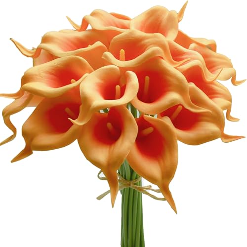 Mandy's 20pcs Orange Calla Lily Artificial Flowers | 13.5 Inch PU Realistic Bouquet for Vase Elegant Home Decor Centerpiece Wedding Bridal Bouquet Table Decoration - color: Orange