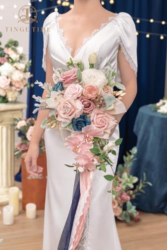 TINGE TIME 13 Inch Artificial Flower Wedding Bouquets for Bride, Cascading Bridal Bouquet for Wedding Bouquet for Wedding Ceremony and Anniversary（Dusty Rose & Navy Blue） - color: Dusty Rose & Navy Blue