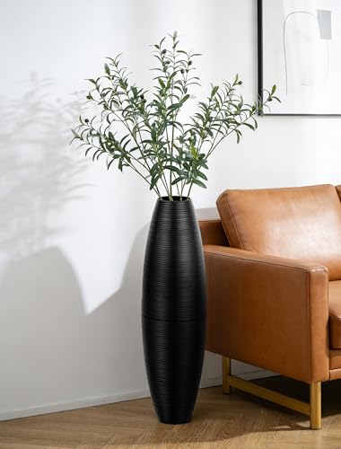 Sziqiqi Black Tall Floor Vases: 27.5in Metal Extra Large Decorative Vase for Pampas Grass Fake Plant Dried Flowers - Detachable Ribbed Big Standing Vase for Living Room Indoor Fireplace Home Decor - color: Black