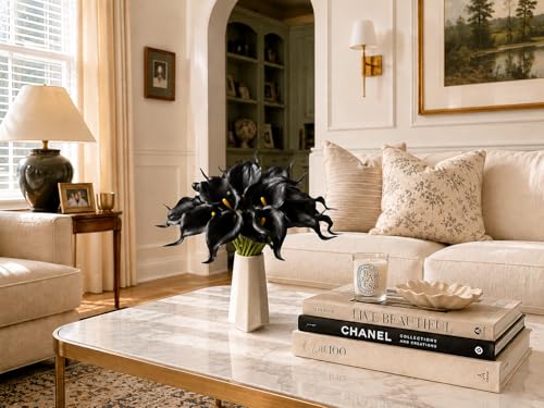 Mandy's 20pcs Pure White Calla Lily Artificial Flowers | 13.5 Inch PU Realistic Bouquet for Vase Elegant Home Decor Centerpiece Wedding Bridal Bouquet Table Decoration - color: Black