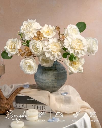 BSMYBO Artificial Flowers Fake Rose Combo Box Set Ivory White Silk Flowers Camellia White Dahlia Leaf with Stems for DIY Wedding Bouquets Table Centerpieces Baby Shower Party Home Bridal Decorations - color: White, size: PureBlooms