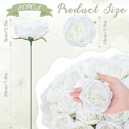 Suncalla 80 Pack Austin Rose Peonies, 3.94 Inch Artificial Flowers Heads Bulk with Stems Leaves for Arrangement Wedding Centerpiece Banquets Party Home Kitchen Decor DIY(White) - color: White