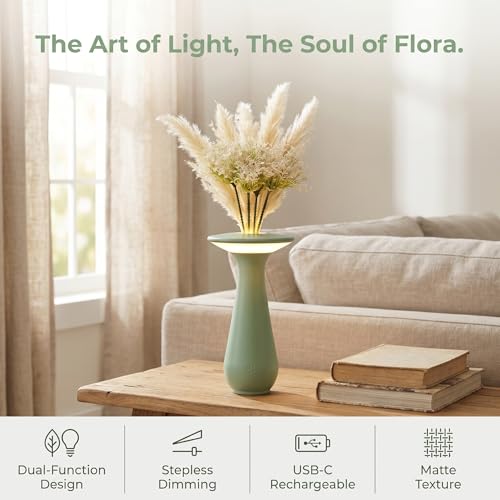 Rechargeable Cordless Flower Table Lamp | Vase Design, Small Night Light, For Restaurant Bedroom Dining Office, Gift For Mom Women - color: Green