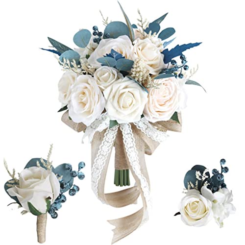 MOJUN Bride Bouquet Wrist Corsage Groom Boutonniere Set, Artificial Rose Wedding Flowers for Wedding Ceremony Anniversary Bridal Shower Party Home Decorations, Set of 3 - color: Bouquet Corsage and Boutonniere Set a 3pack
