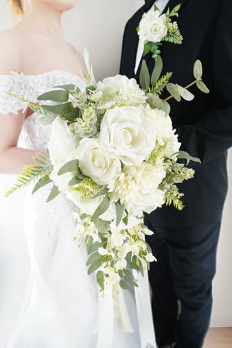Bridal Bouquet Cascading, White & Green Wedding Bouquets for Bride Bridesmaid 10" Artificial Flowers Bouquet for Wedding Decor - color: White & Green