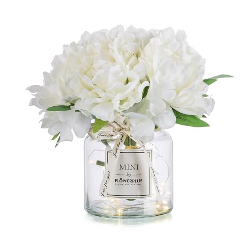 BLOSMON Fake Flowers in Vase for Table: White Artificial Hydrangea with Glass Vase LED Light for Centerpieces Decor - Small Faux Arrangements Desk Vanity Bathroom Office Decoration - color: White