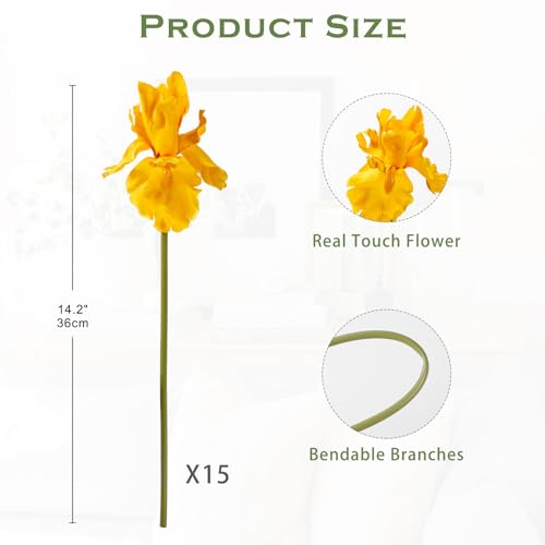 Hollyone Iris Artificial Flowers 15Pcs Faux Iris Yellow Flowers 14.2" Real Touch Fake Flowers Picks Bouquets for Wedding Bridal Home Arrangements Office Table Centerpieces Decor - color: Yellow