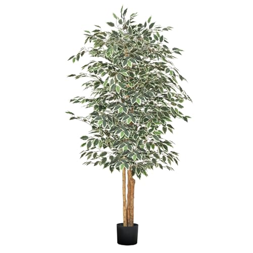 VEVOR 6FT Artificial Ficus Tree with Black Pot, Tall Faux Ficus Plant with Natural Wood Trunk and Realistic Green Leaves, Indoor Fake Silk Tree for Home, Office, Living Room, or Corner Décor - color: Artificial Ficus Tree, size: 6ft
